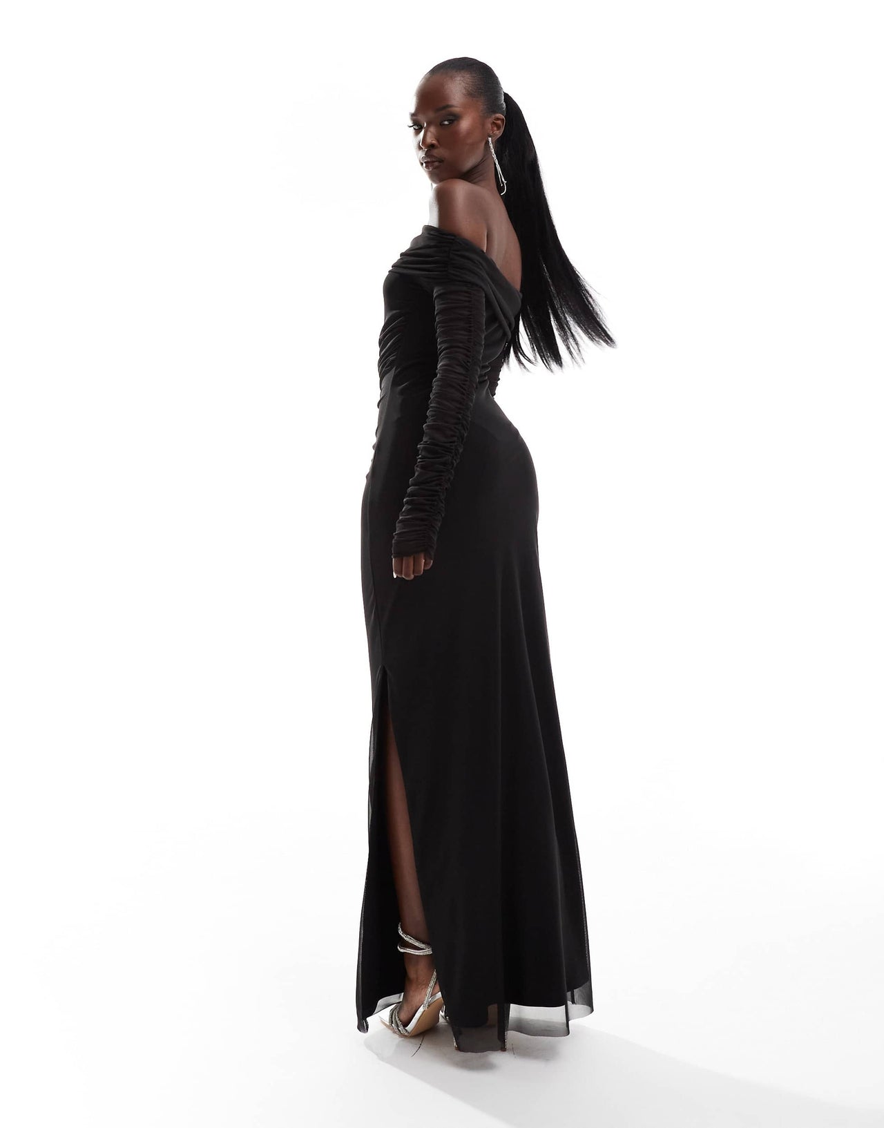 Flounce London bardot ruched maxi dress in mesh and jersey mix in black