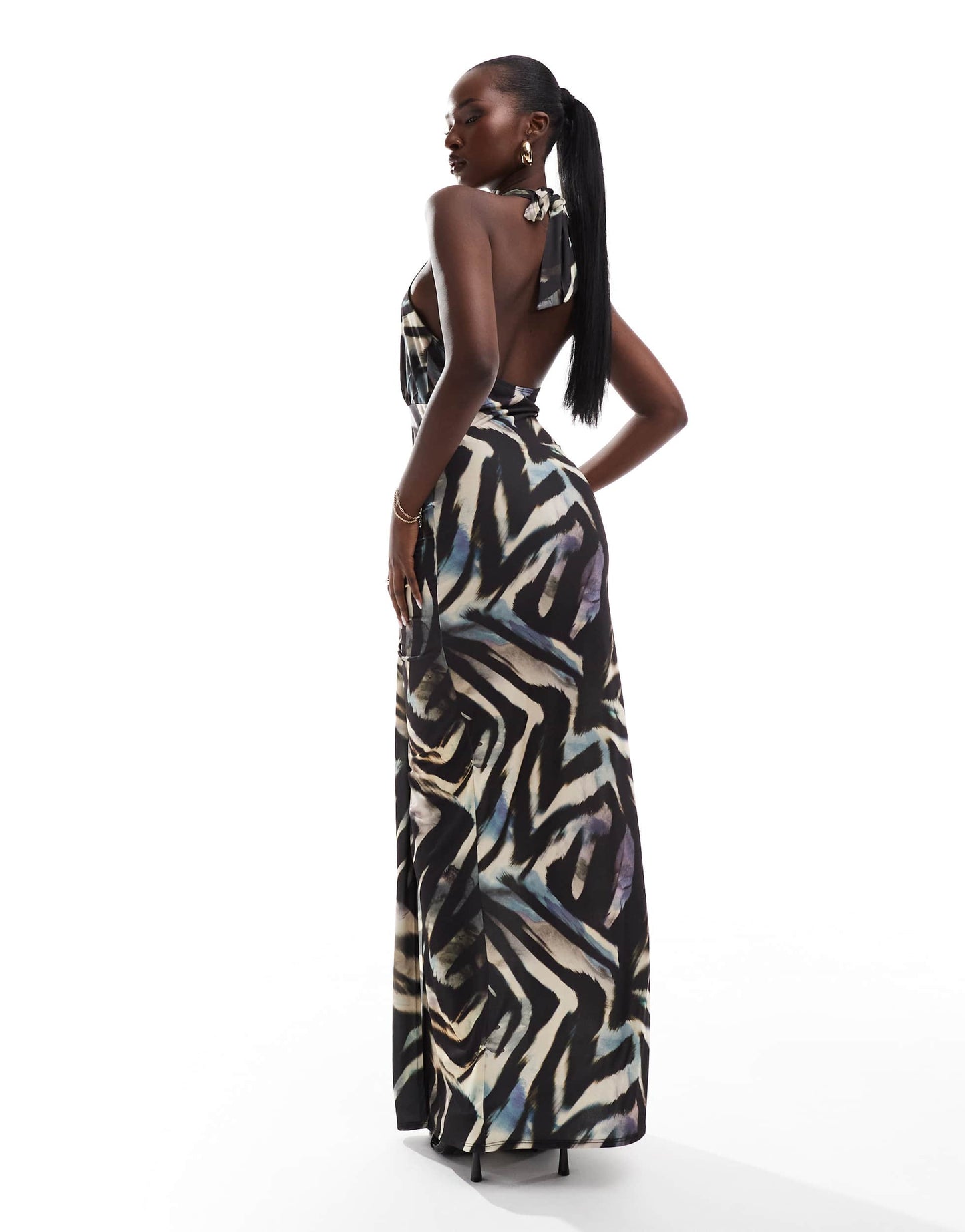 Flounce London halterneck maxi dress in zebra print