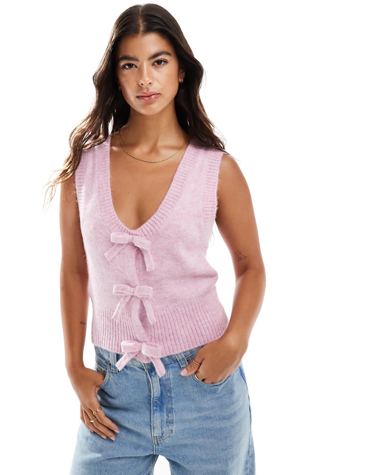 ASOS DESIGN fluffy knit tie front bow cardigan in light pink