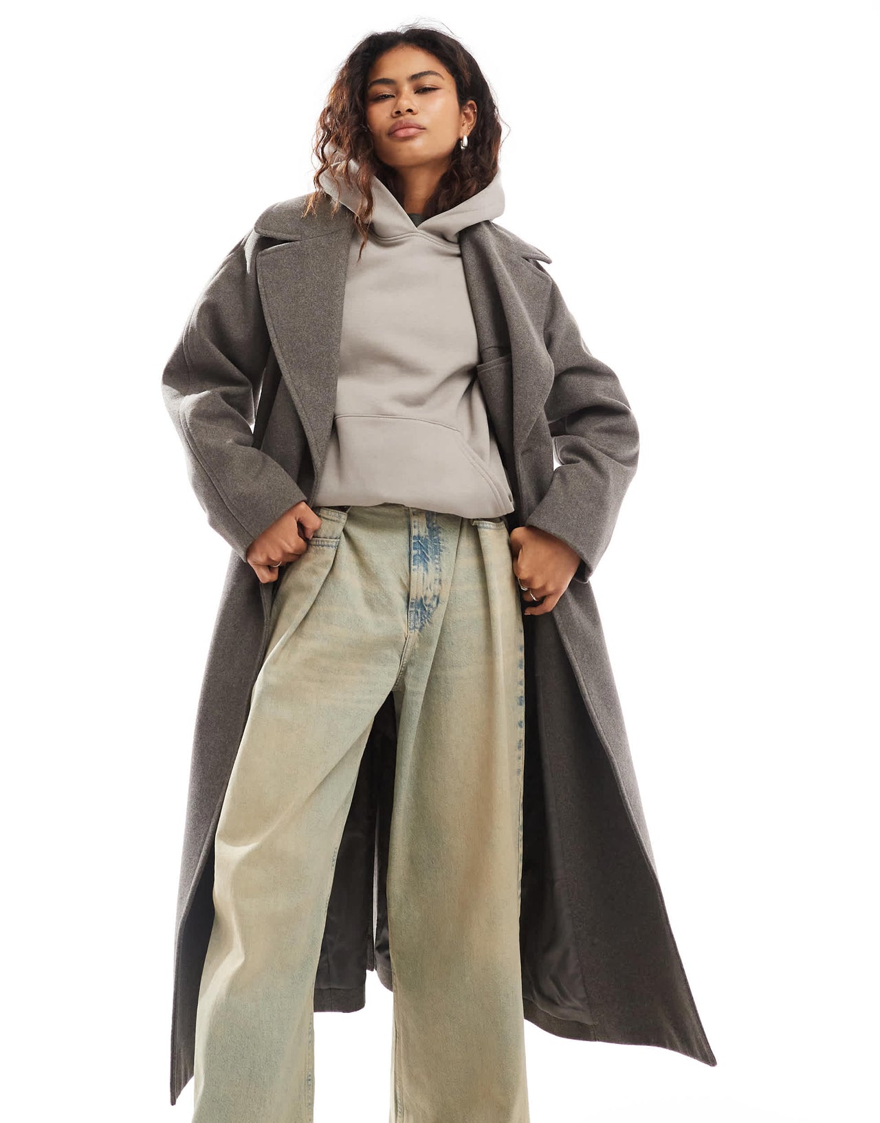 Weekday Kia wool blend oversized coat with tie waist detail in dark mole melange
