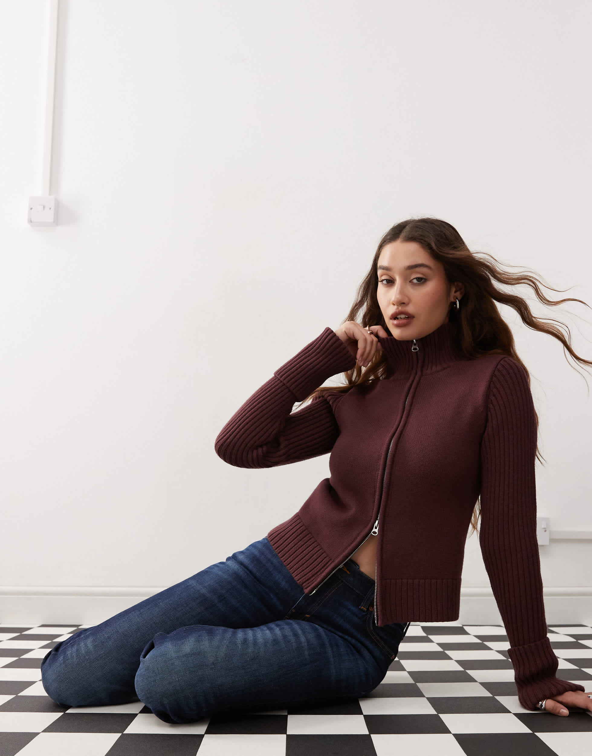 Weekday Winona high neck zip cardigan with folded cuffs in burgundy