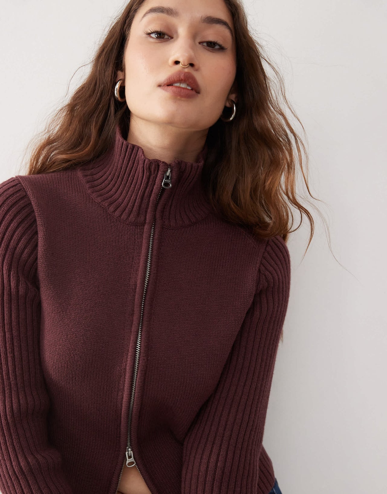 Weekday Winona high neck zip cardigan with folded cuffs in burgundy