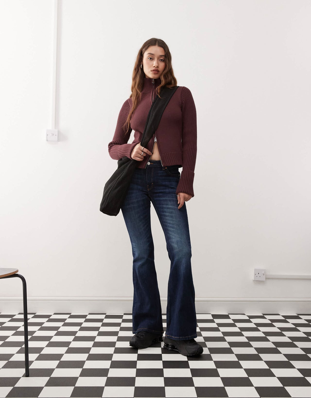 Weekday Winona high neck zip cardigan with folded cuffs in burgundy