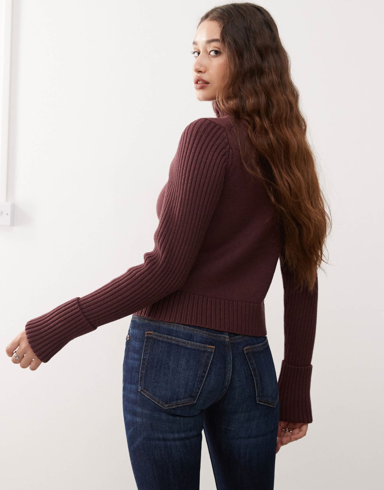 Weekday Winona high neck zip cardigan with folded cuffs in burgundy