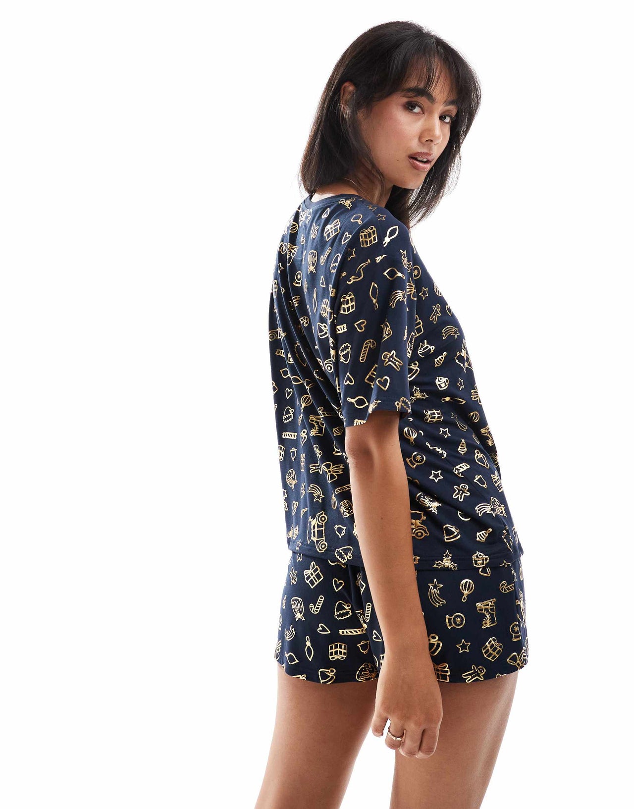 Urban Threads Christmas poly oversized t-shirt and short pyjama set in foil festive print