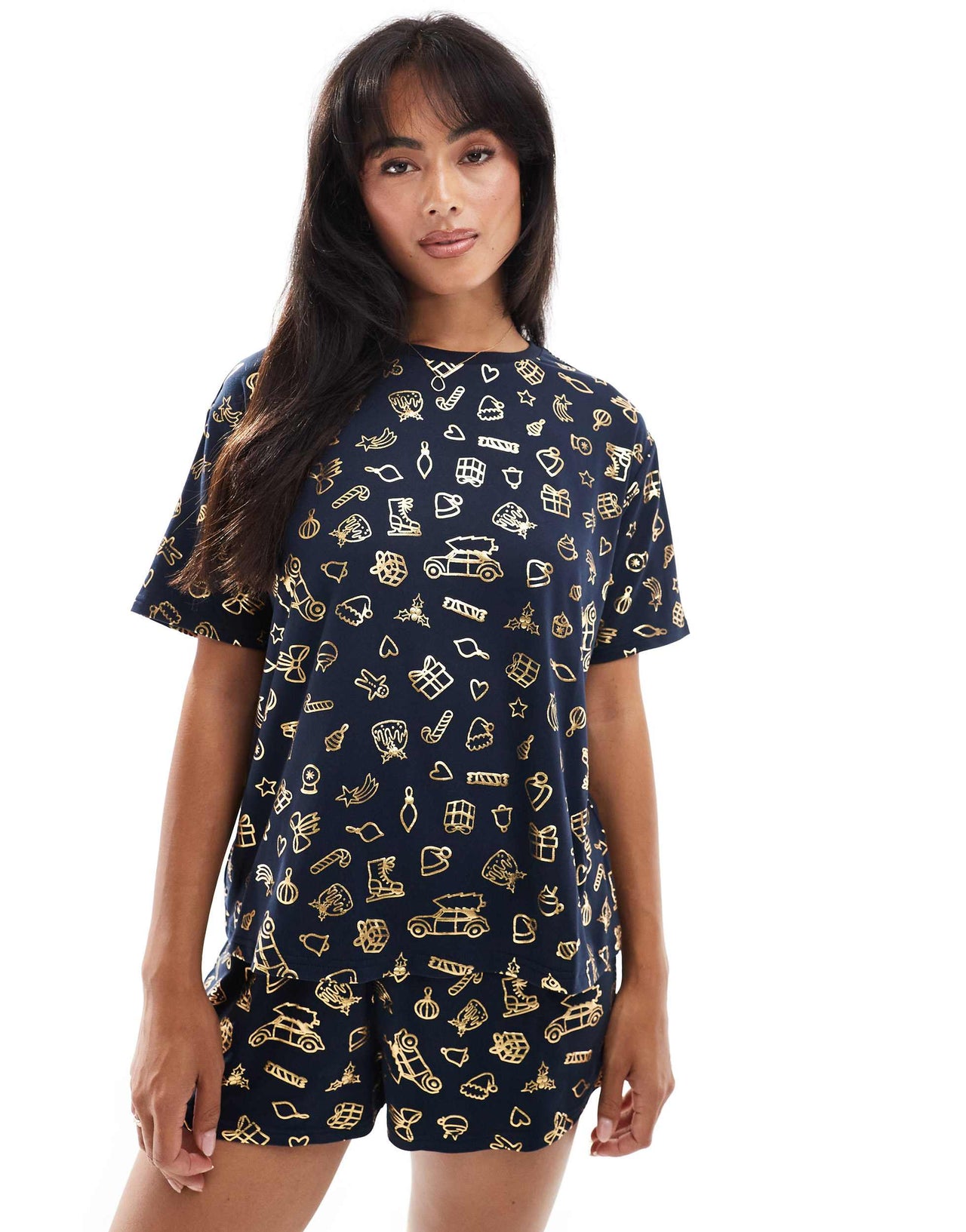 Urban Threads Christmas poly oversized t-shirt and short pyjama set in foil festive print
