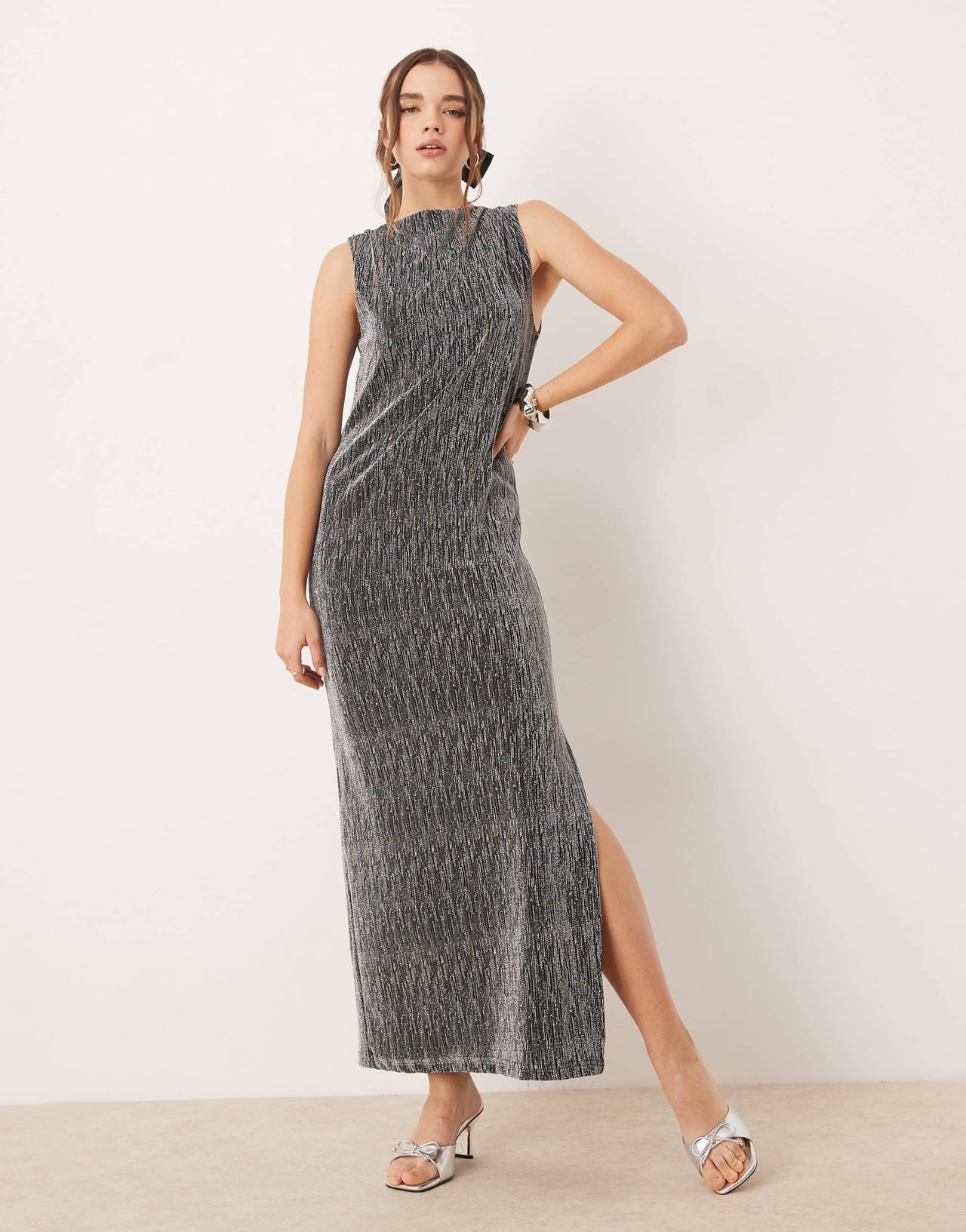 Selected Femme maxi slit dress in silver