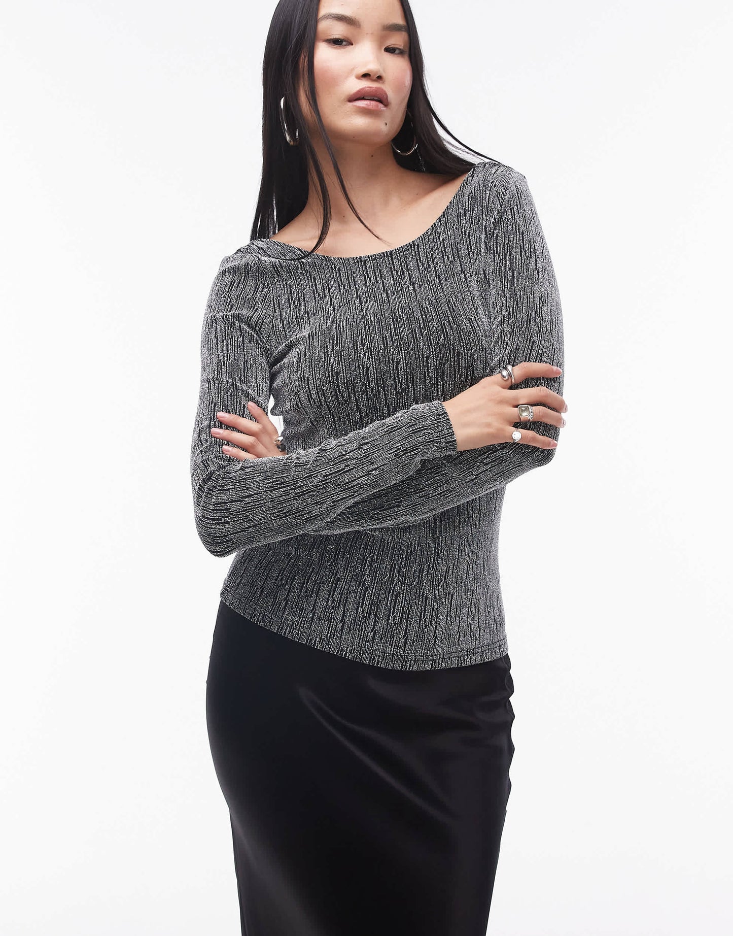 Selected long sleeve glitter top in silver