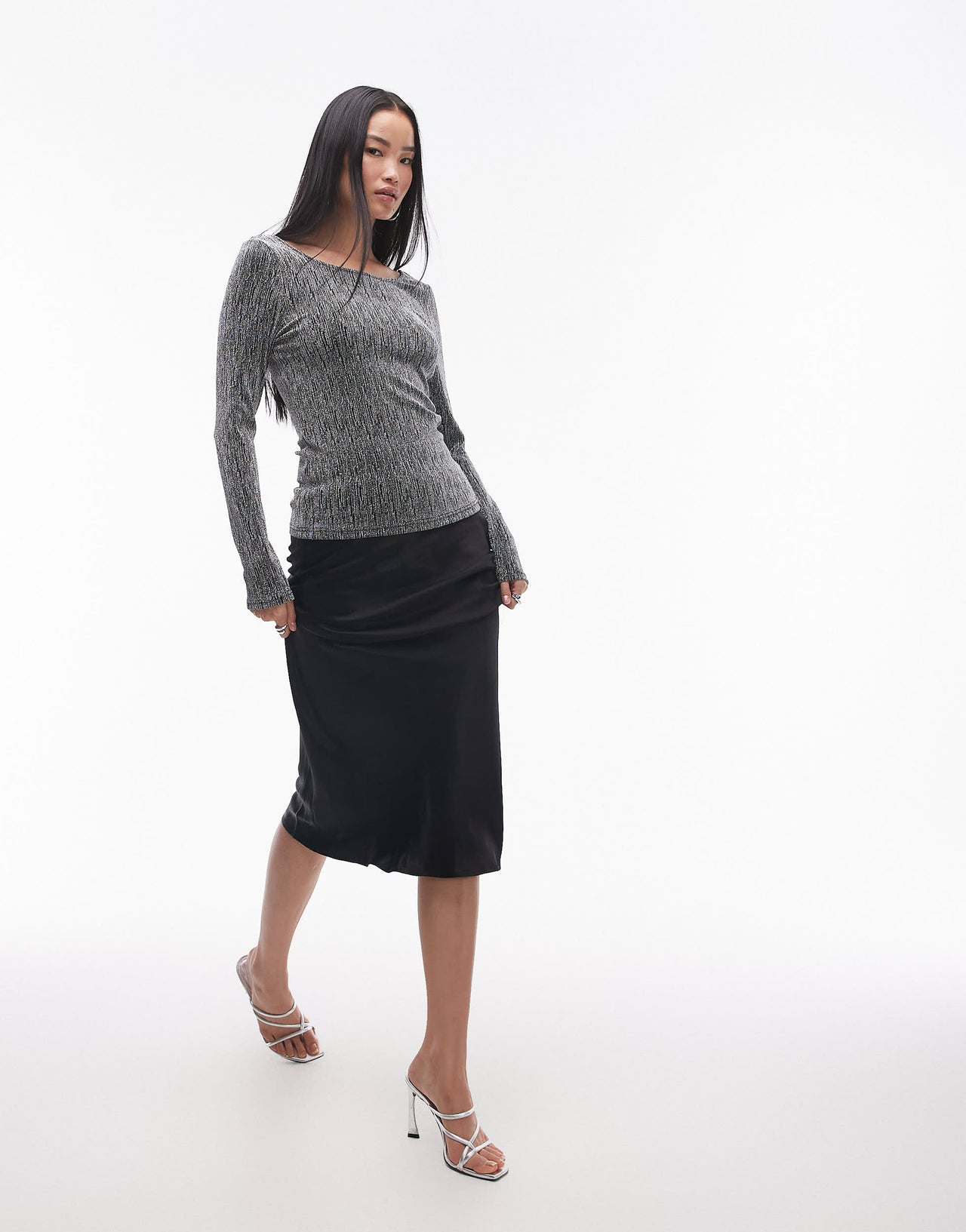 Selected long sleeve glitter top in silver