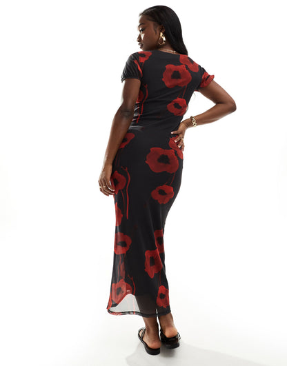 ASOS DESIGN mesh ruffle puff sleeve midi tea dress with sweetheart neckline in poppy print