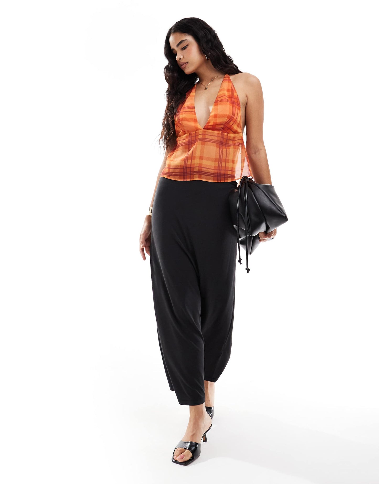 ASOS DESIGN chiffon halter top in orange pop check