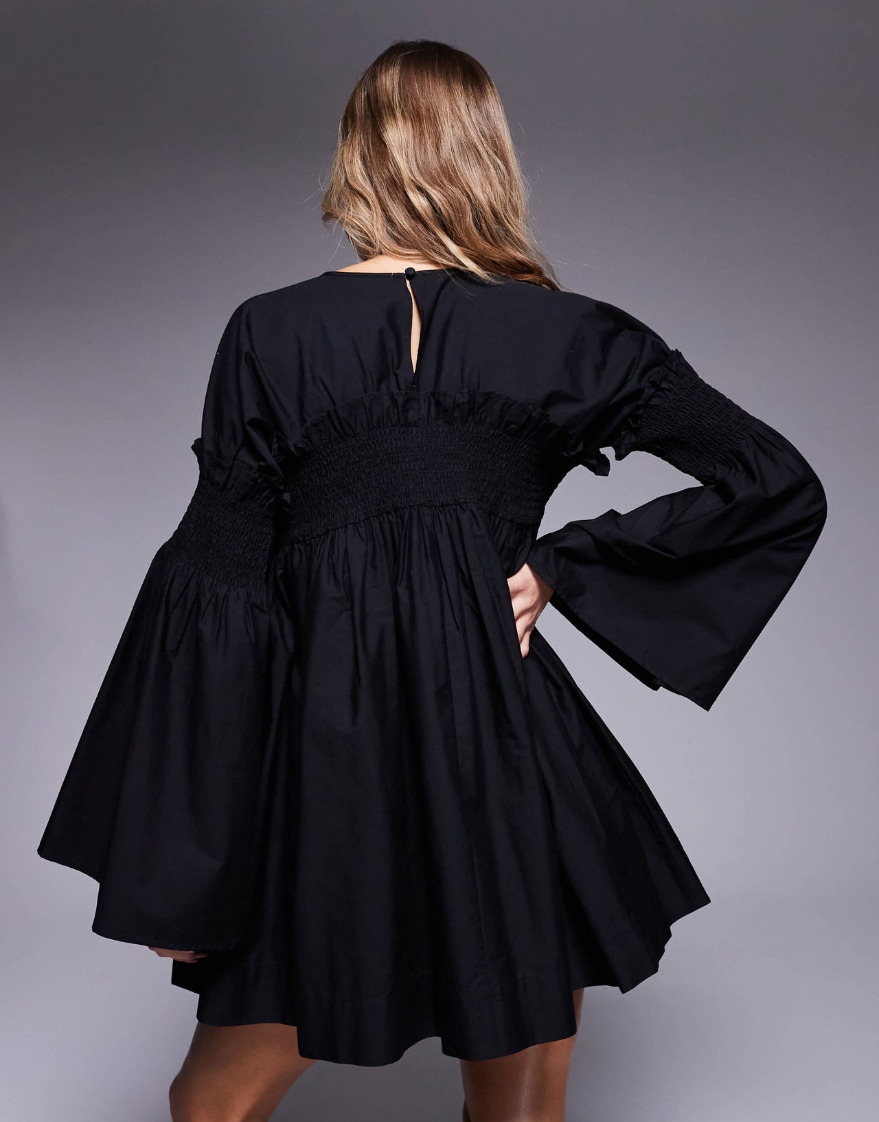 ASOS DESIGN shirred ruffle cotton smock dress in black