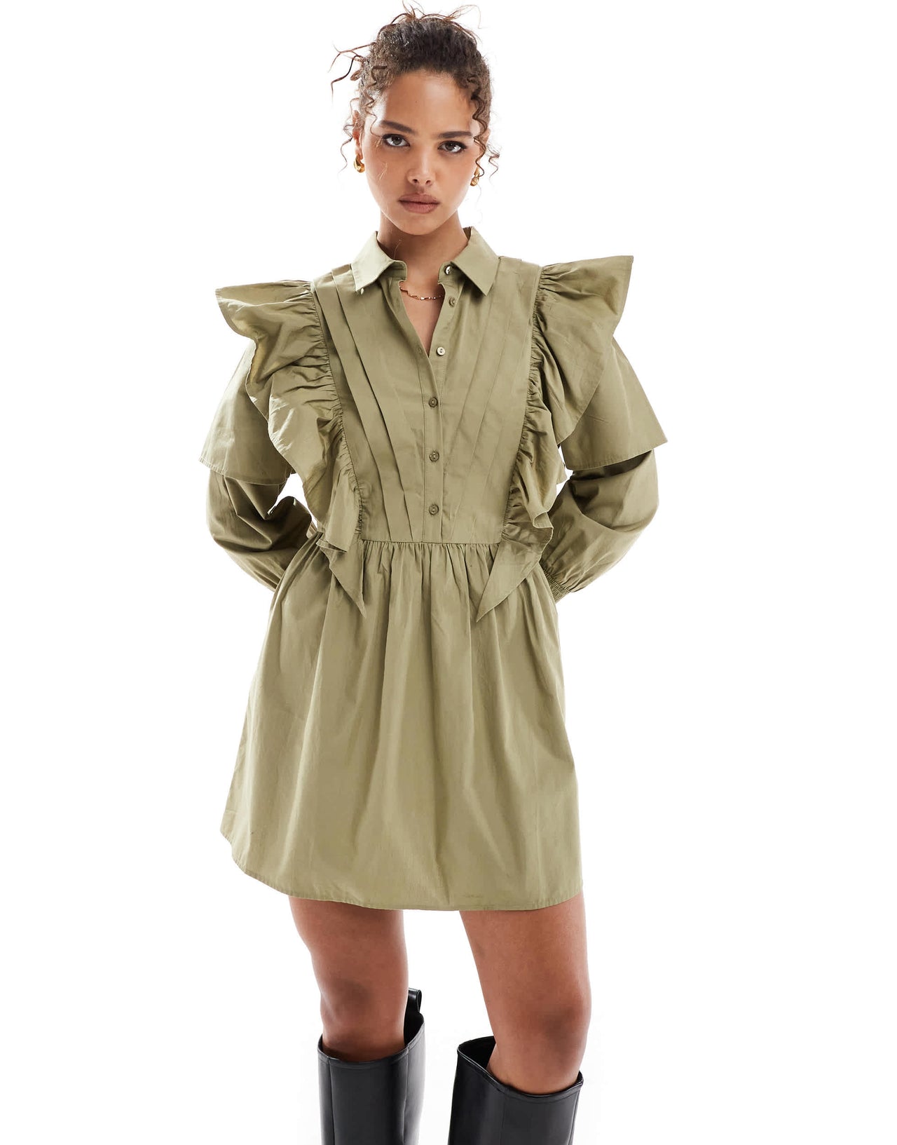 ASOS DESIGN ruffle mini shirt dress in stone