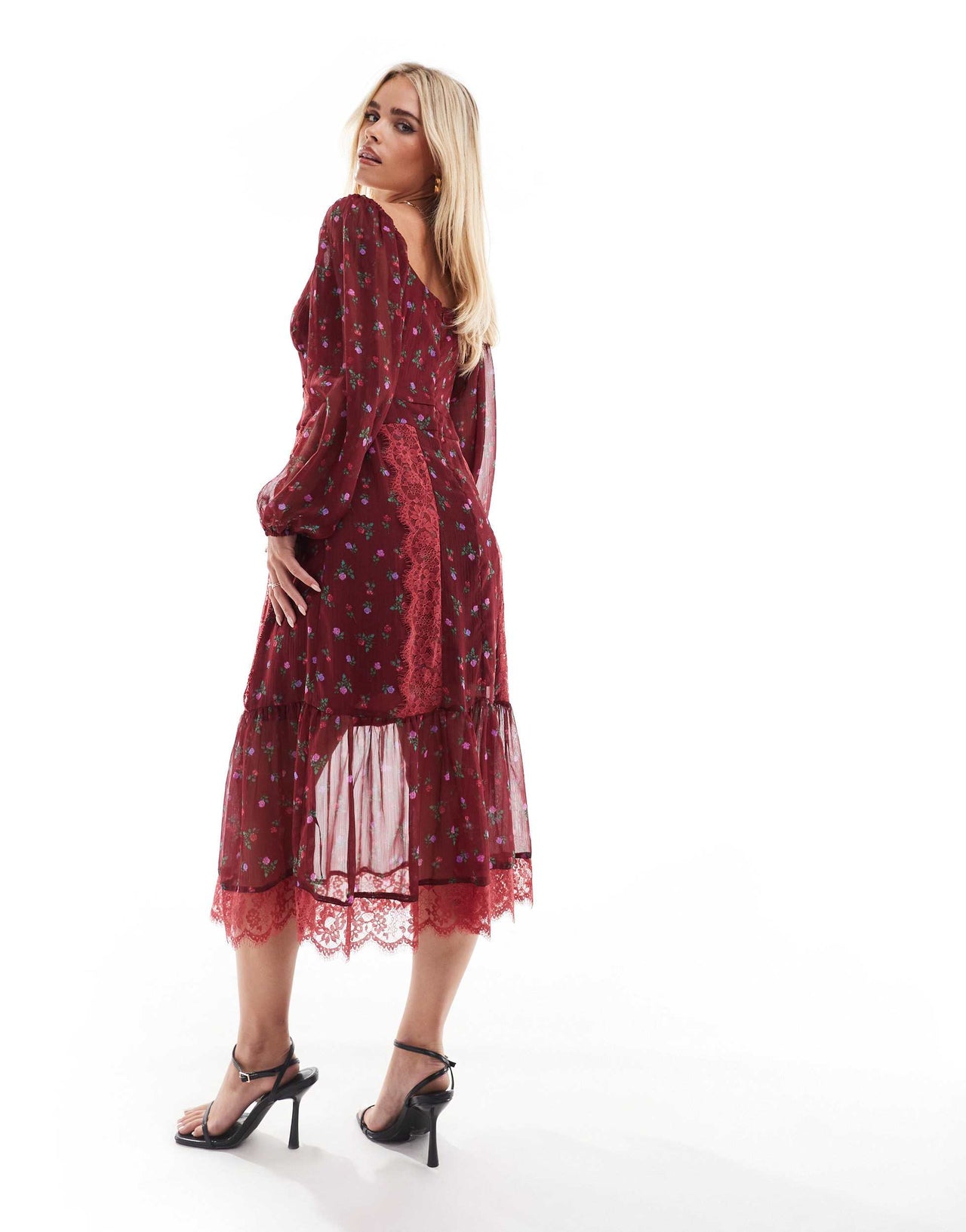 ASOS DESIGN Petite long sleeve tie front midi dress with lace inserts in burgundy ditsy floral