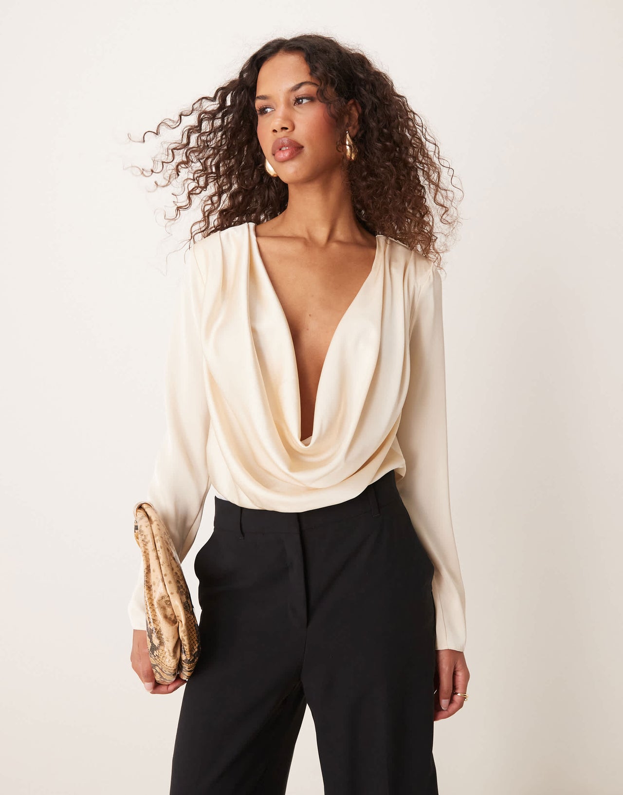 ASOS DESIGN satin cowl bodysuit in oyster