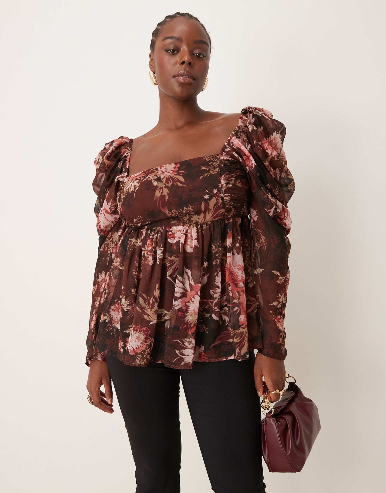 ASOS DESIGN Curve square neck floaty chiffon long sleeve top in floral print