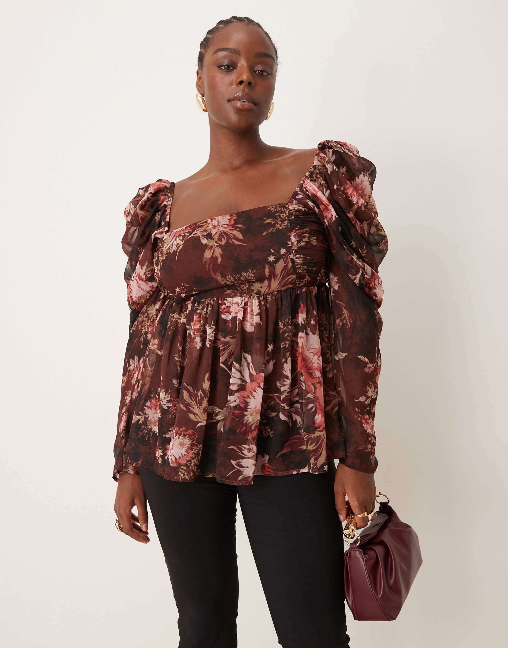 ASOS DESIGN Curve square neck floaty chiffon long sleeve top in floral print