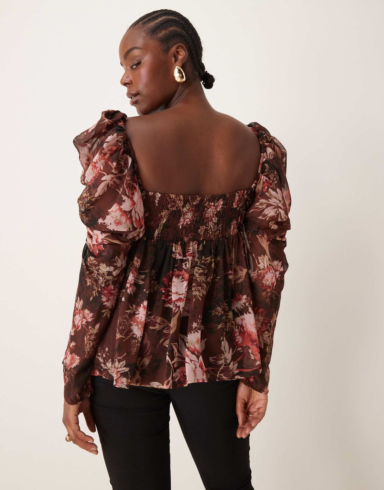 ASOS DESIGN Curve square neck floaty chiffon long sleeve top in floral print