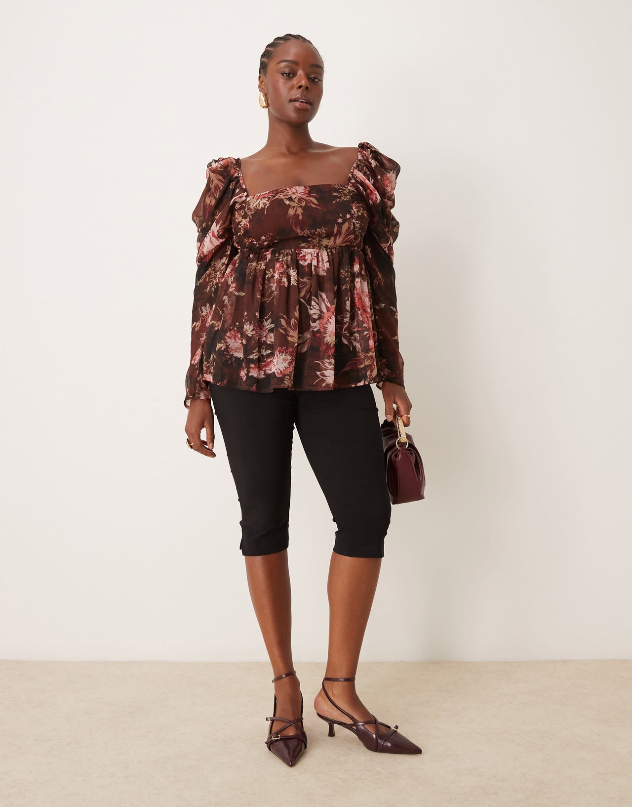 ASOS DESIGN Curve square neck floaty chiffon long sleeve top in floral print