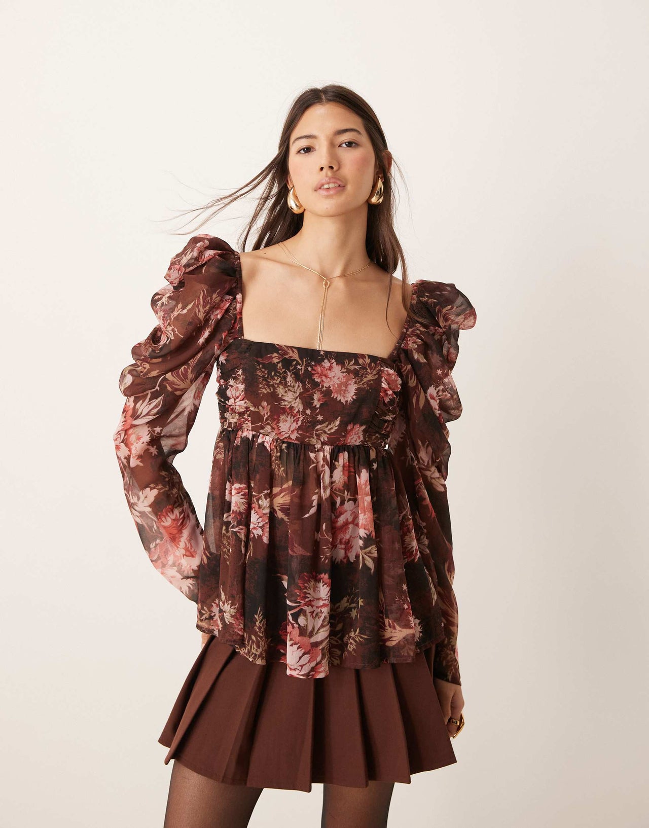 ASOS DESIGN square neck floaty chiffon long sleeve top in floral print