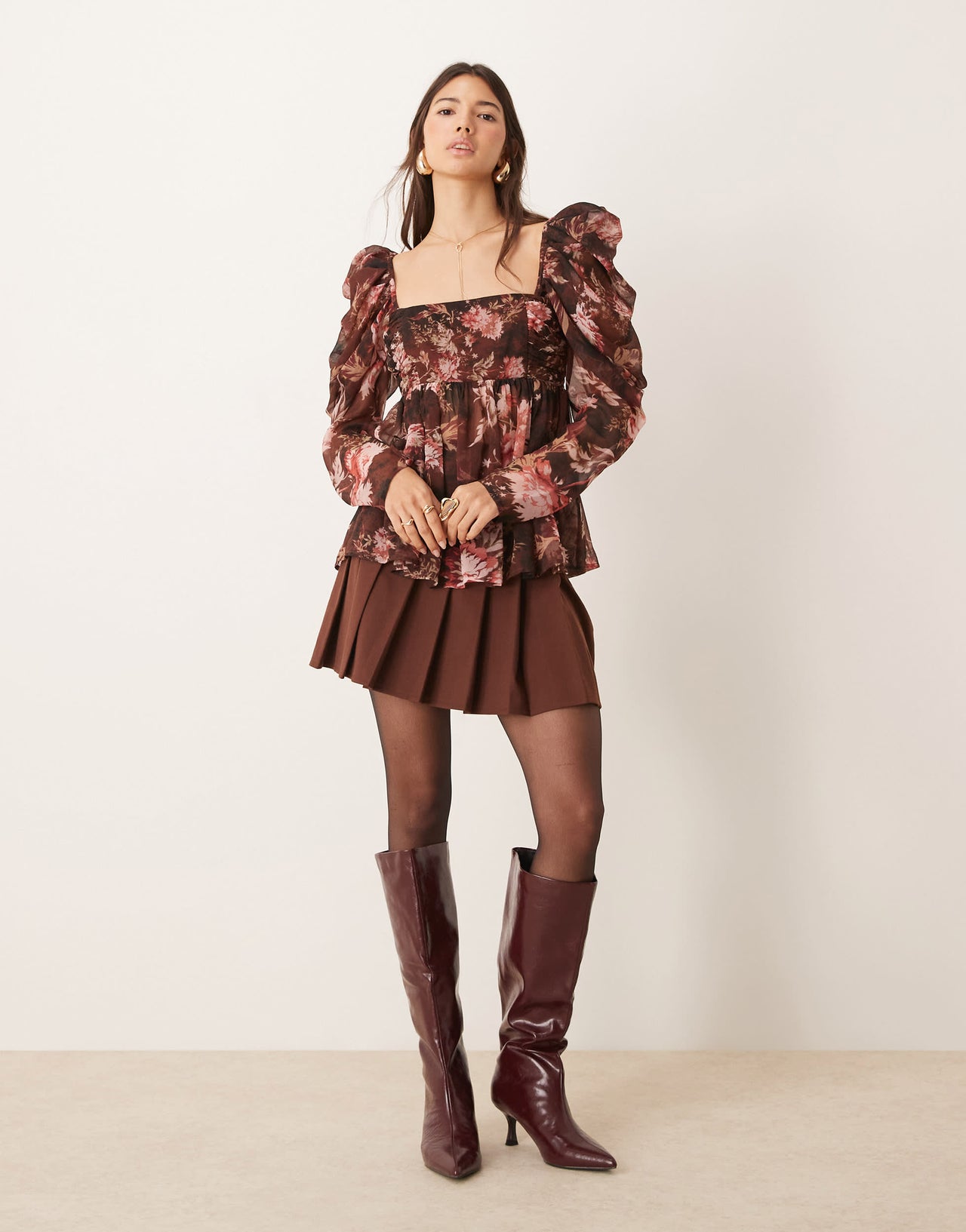 ASOS DESIGN square neck floaty chiffon long sleeve top in floral print