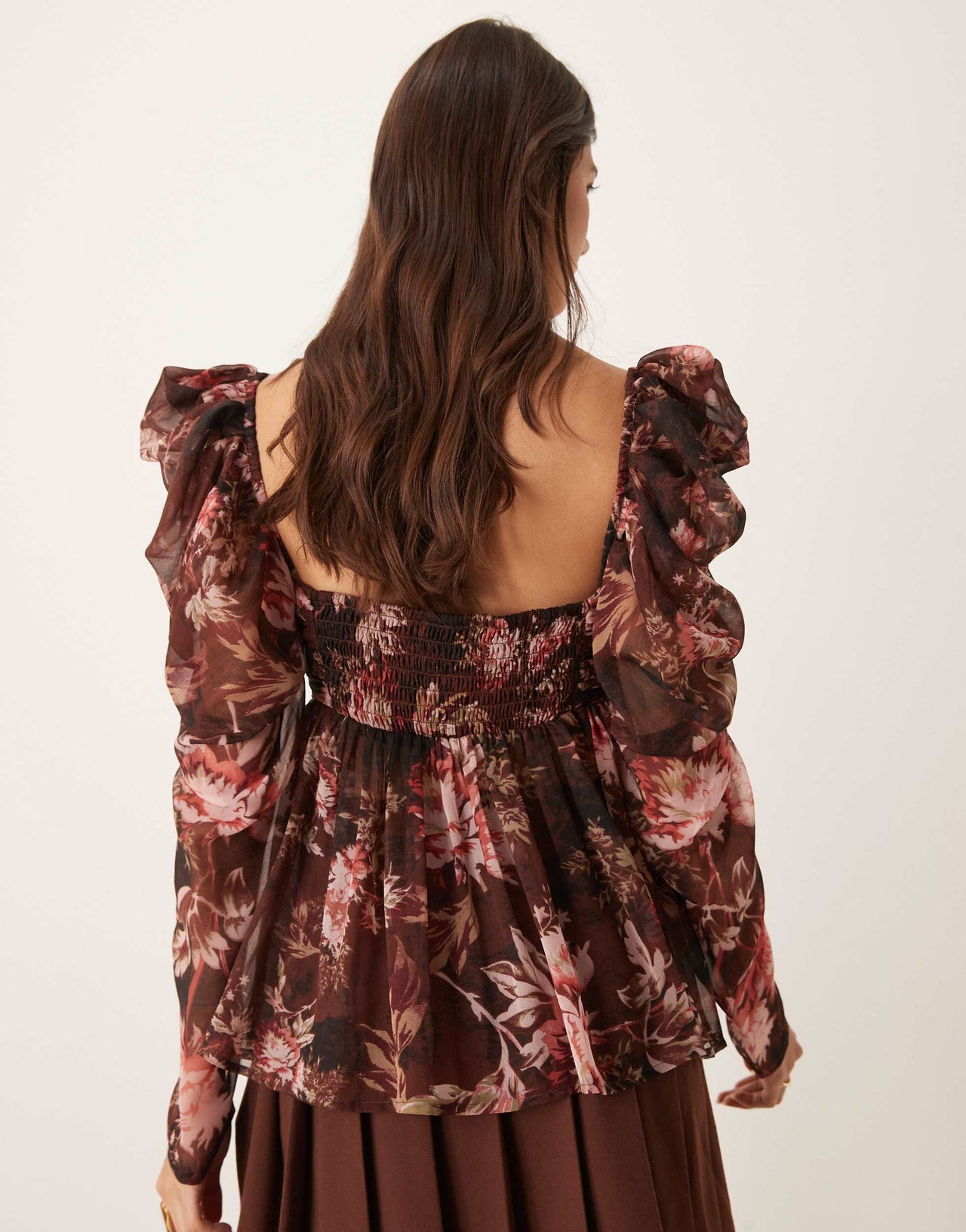 ASOS DESIGN square neck floaty chiffon long sleeve top in floral print