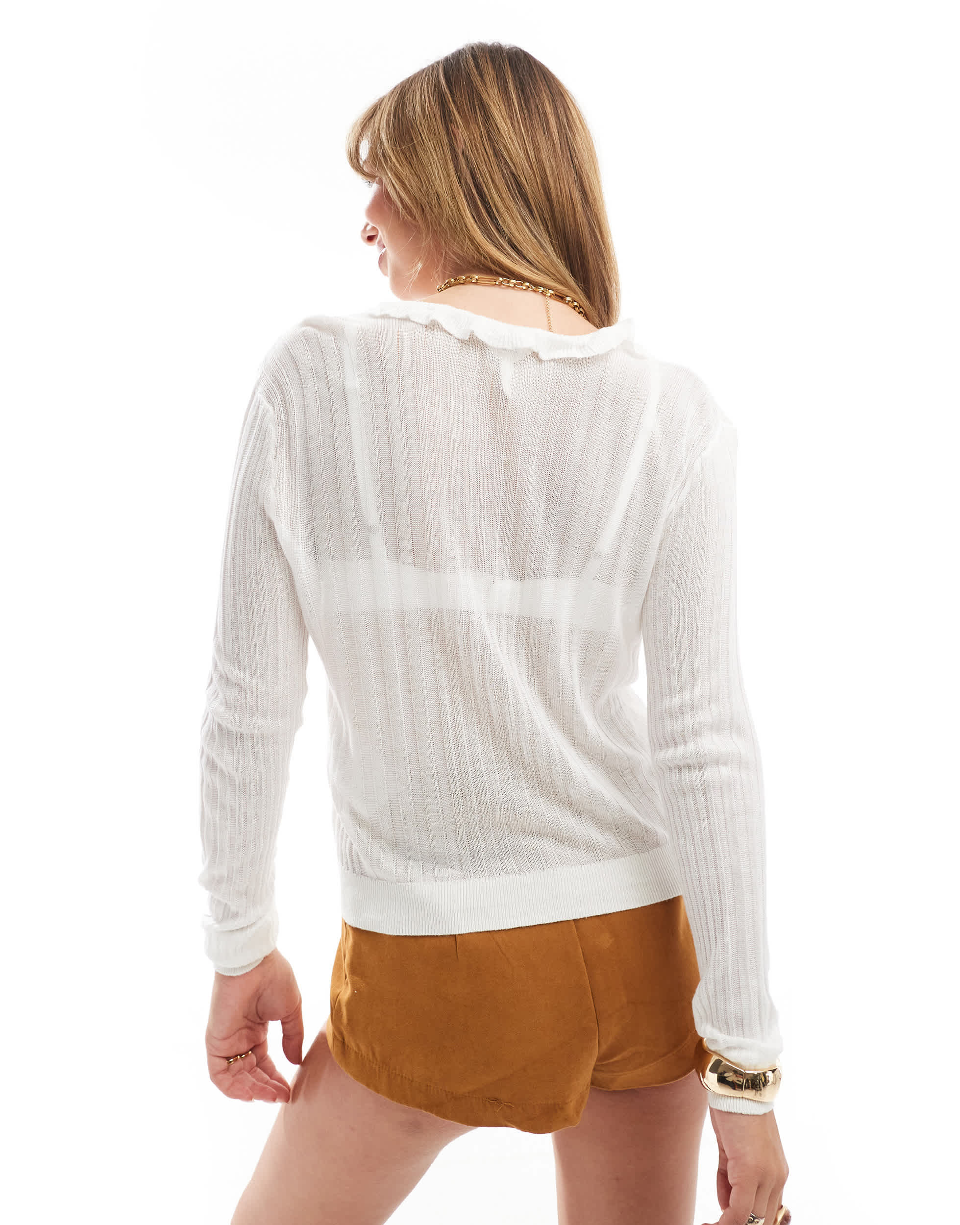 Object ruffle front long sleeve knitted cardigan in white