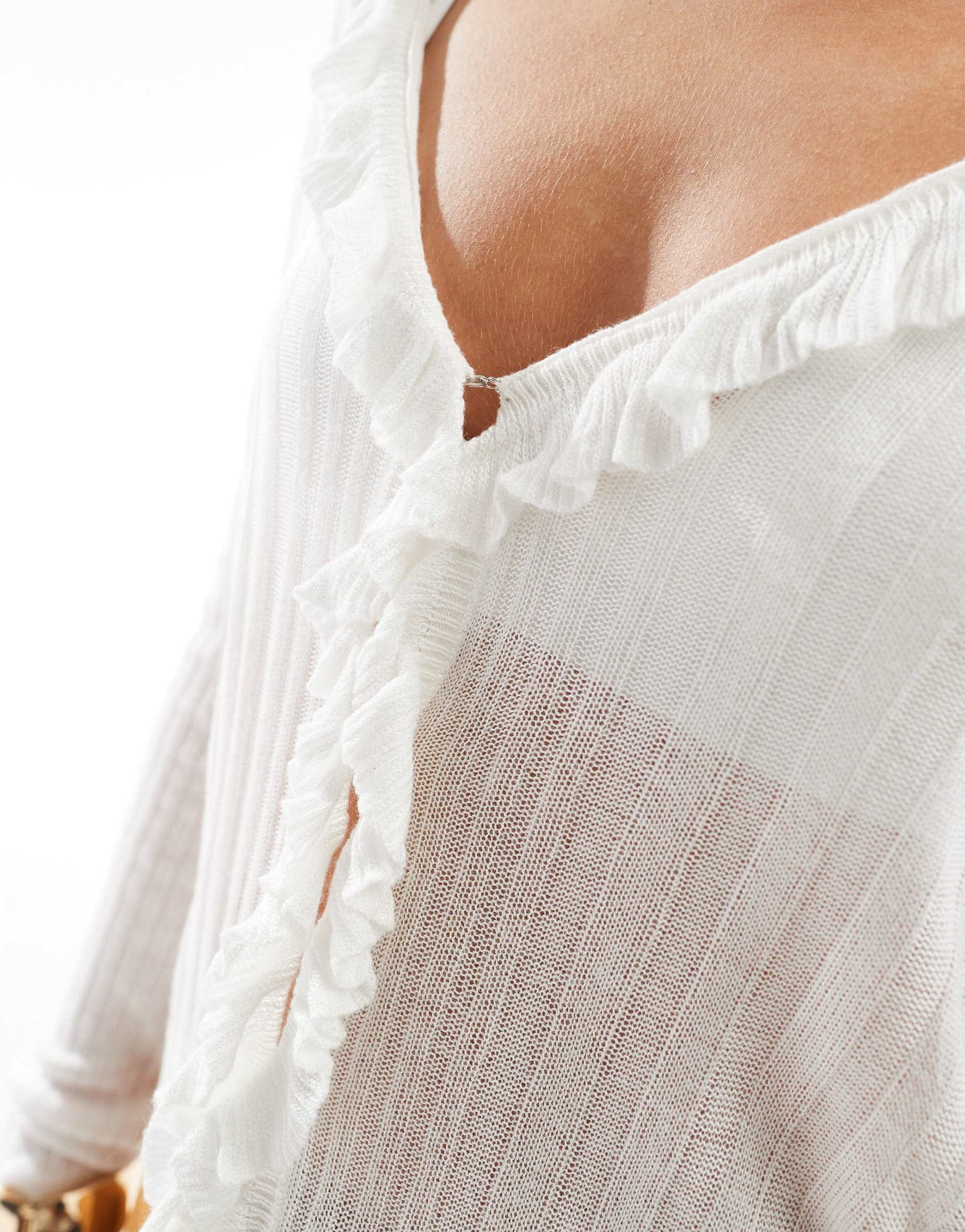 Object ruffle front long sleeve knitted cardigan in white