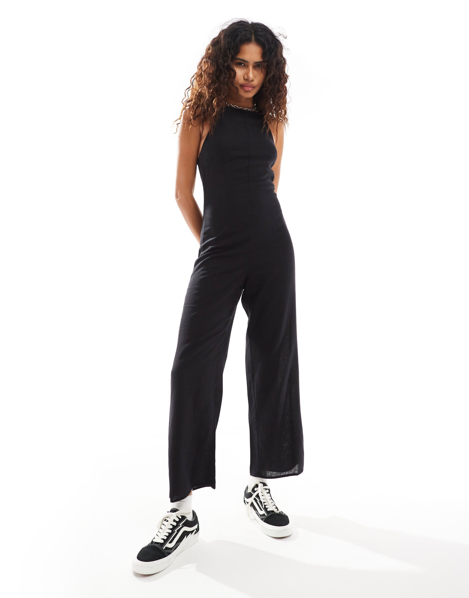 Monki wide leg jumpsuit with square neck in black