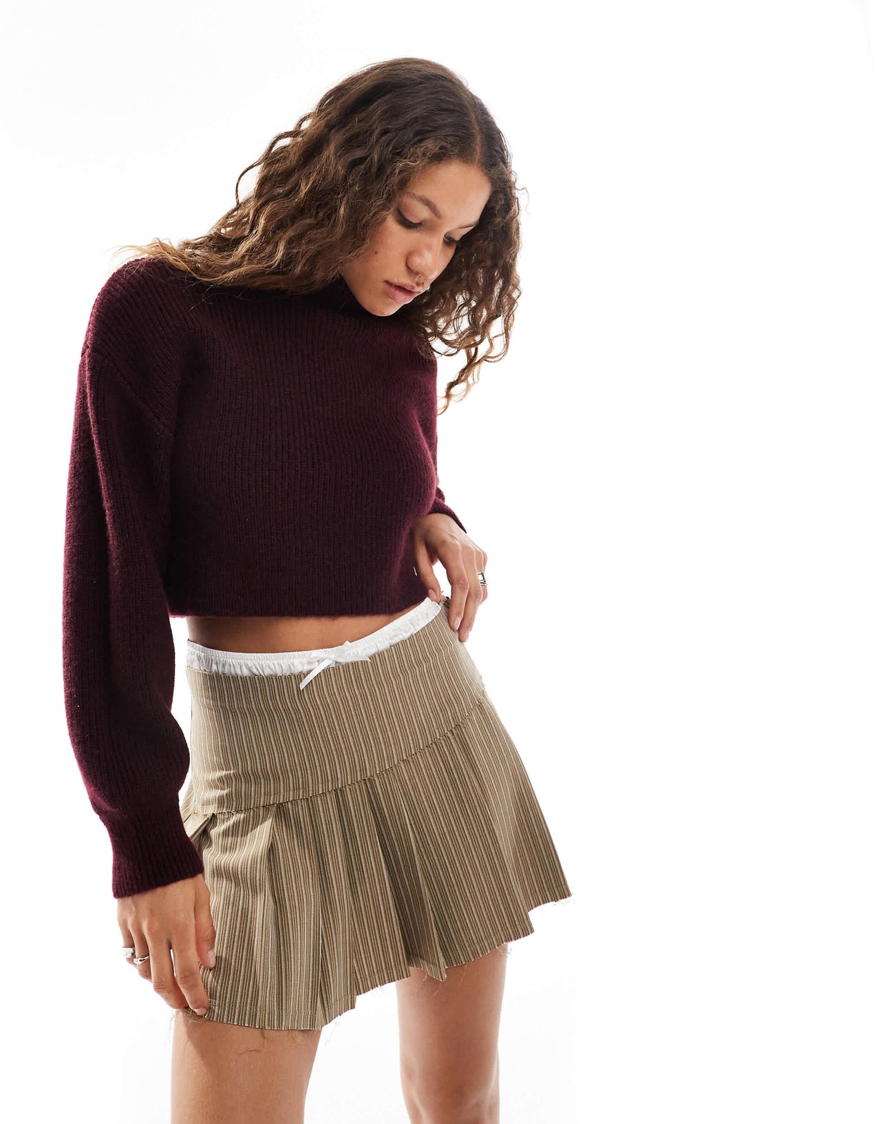 Monki cropped high neck jumper in burgundy