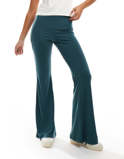 Monki super soft low waist flare jersey trousers in green