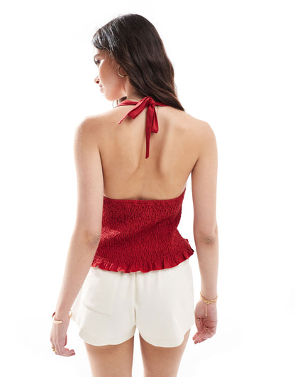 ASOS DESIGN poplin shirred halter top in red