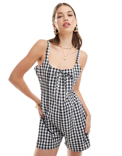 ASOS DESIGN gingham godet playsuit in mono