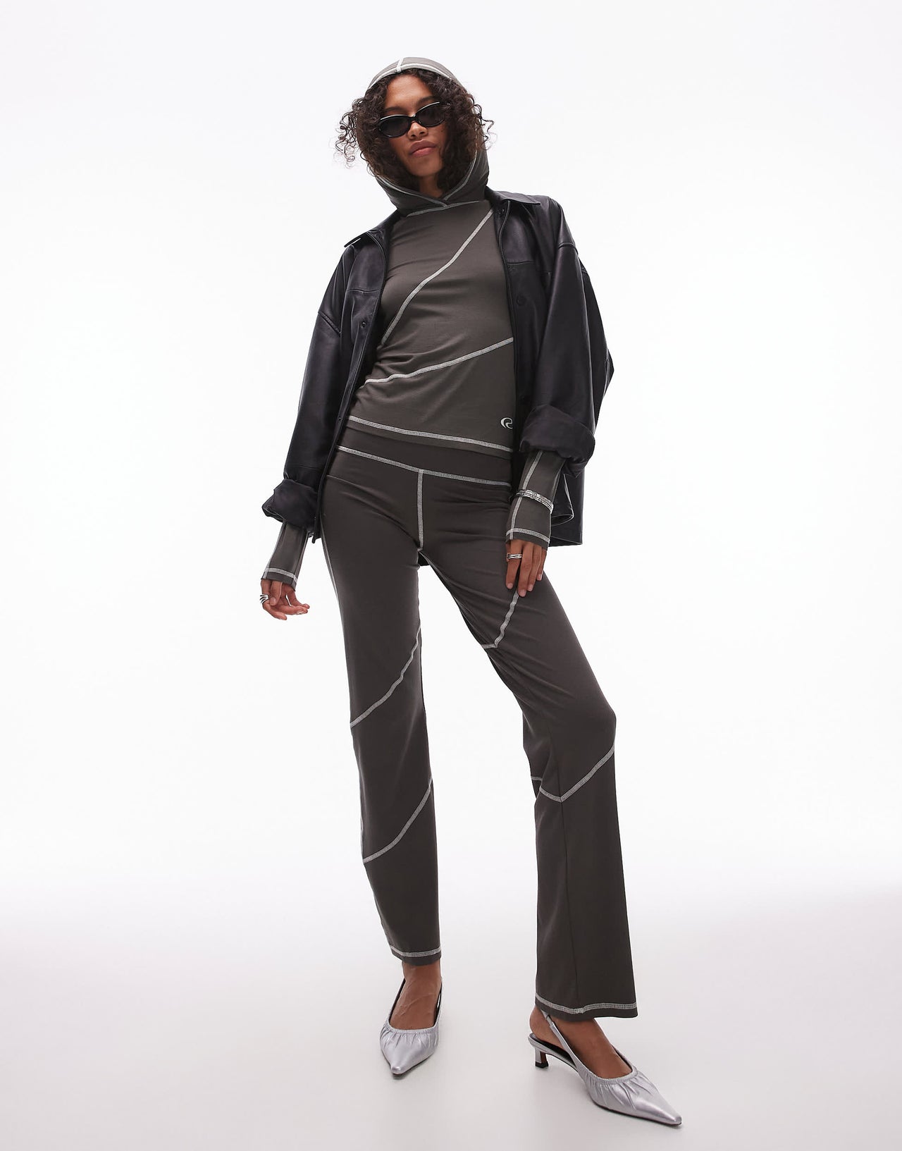 Resume contrast seam skinny fit sporty hoodie top in brown co-ord