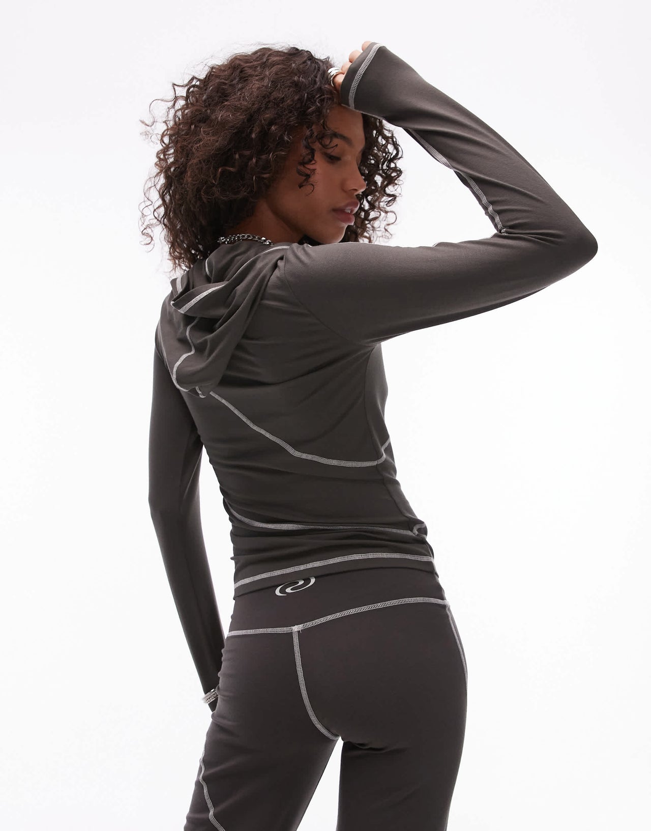 Resume contrast seam skinny fit sporty hoodie top in brown co-ord