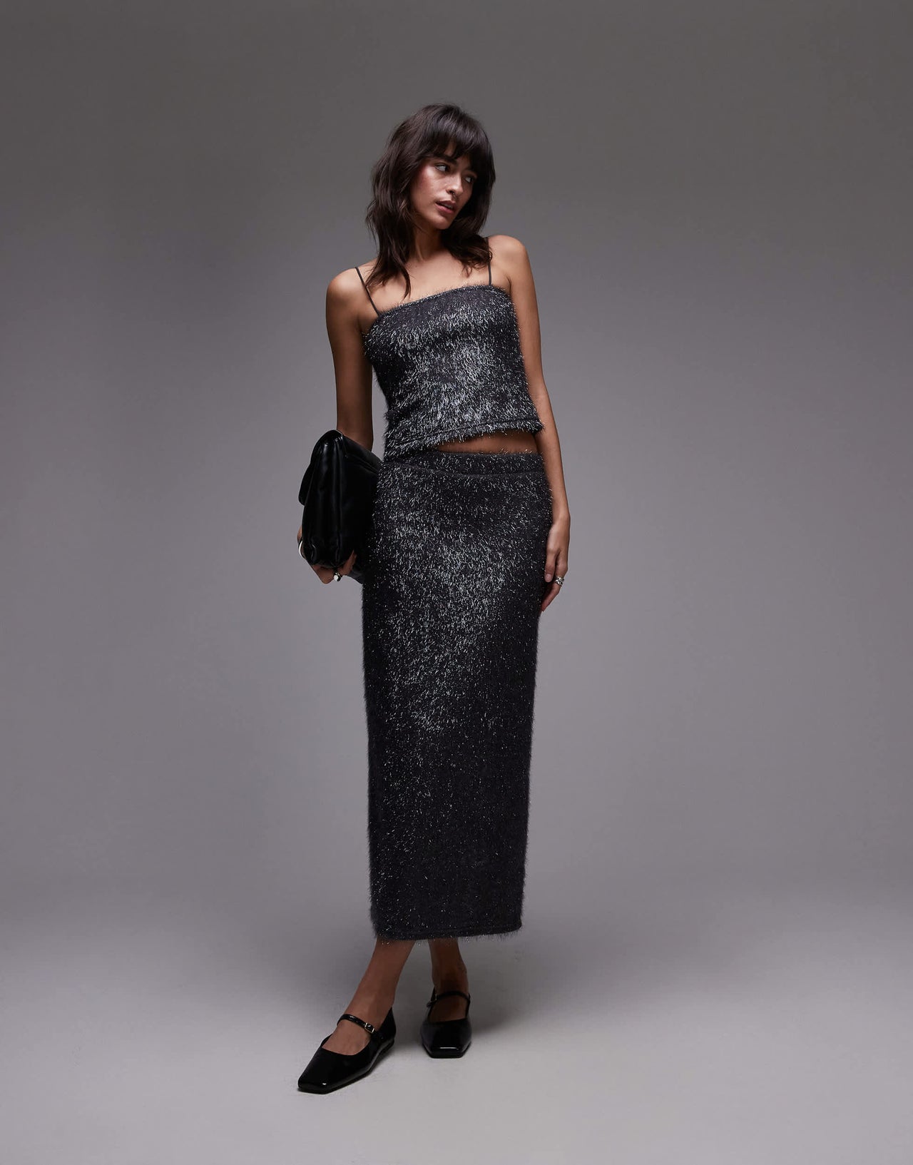 Topshop tinsel midi skirt in gunmetal