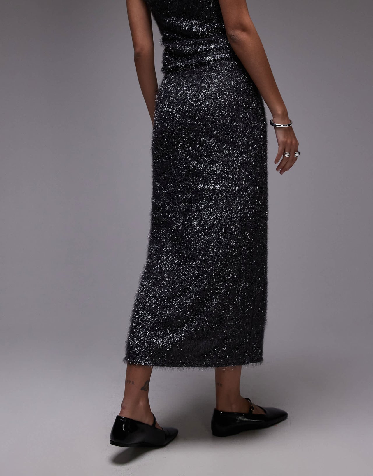 Topshop tinsel midi skirt in gunmetal