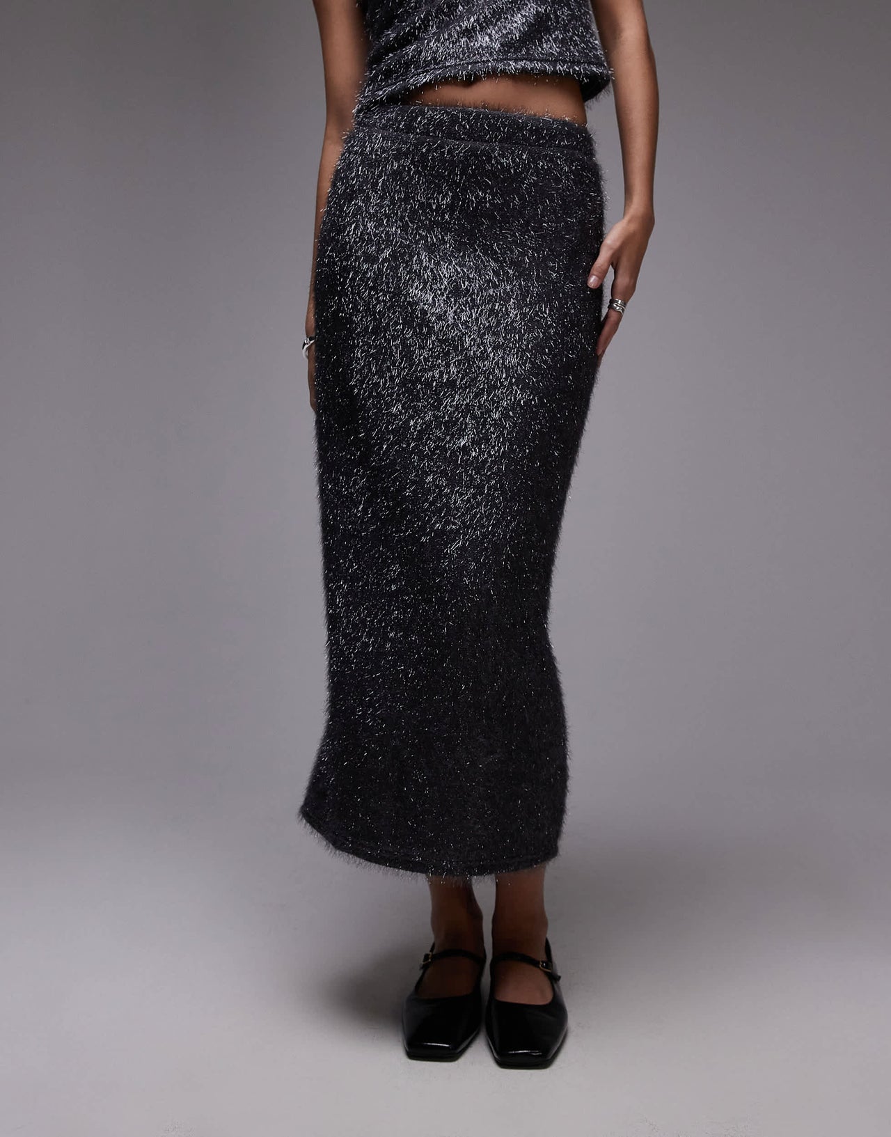 Topshop tinsel midi skirt in gunmetal