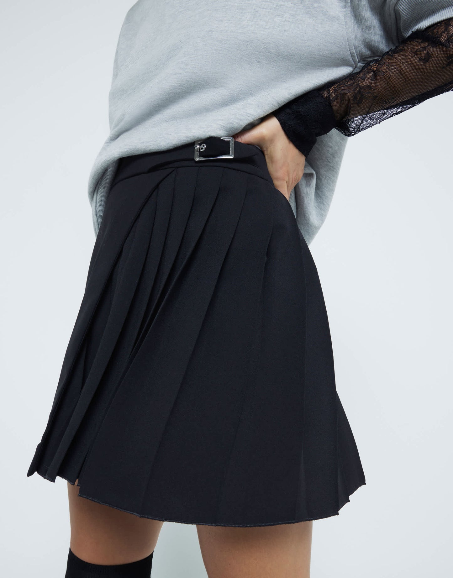 River Island belted pleated mini skirt in black