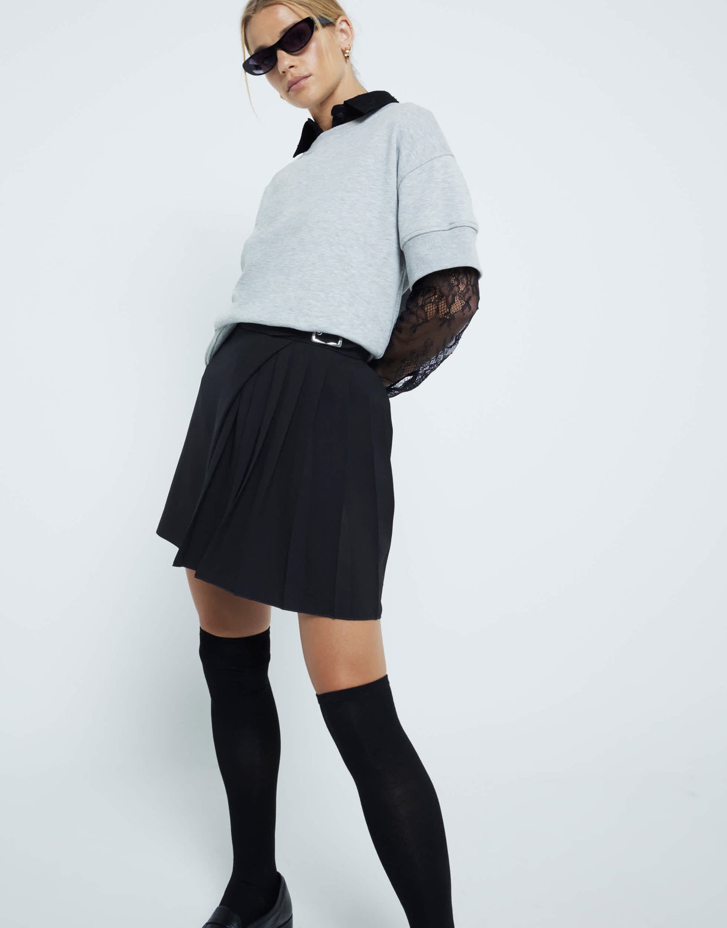 River Island belted pleated mini skirt in black