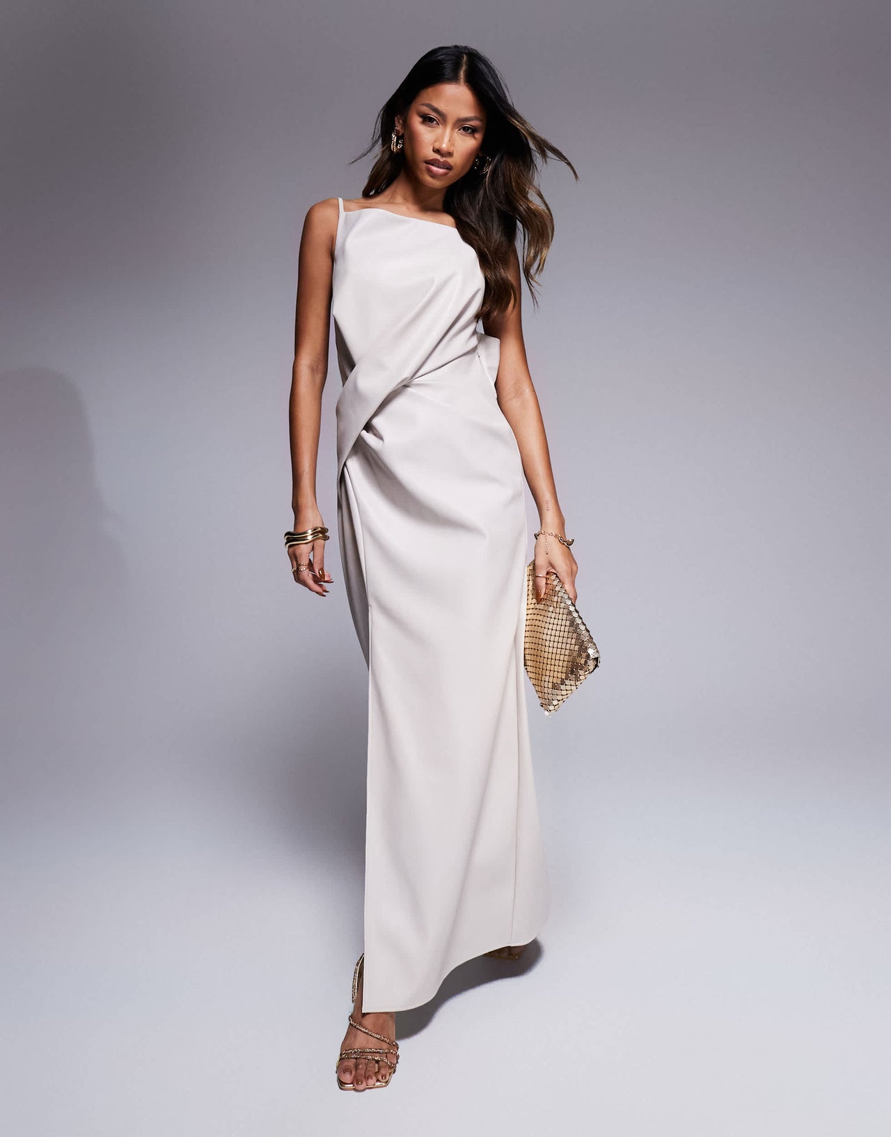 ASOS DESIGN square neck pleat waist PU midi dress in stone