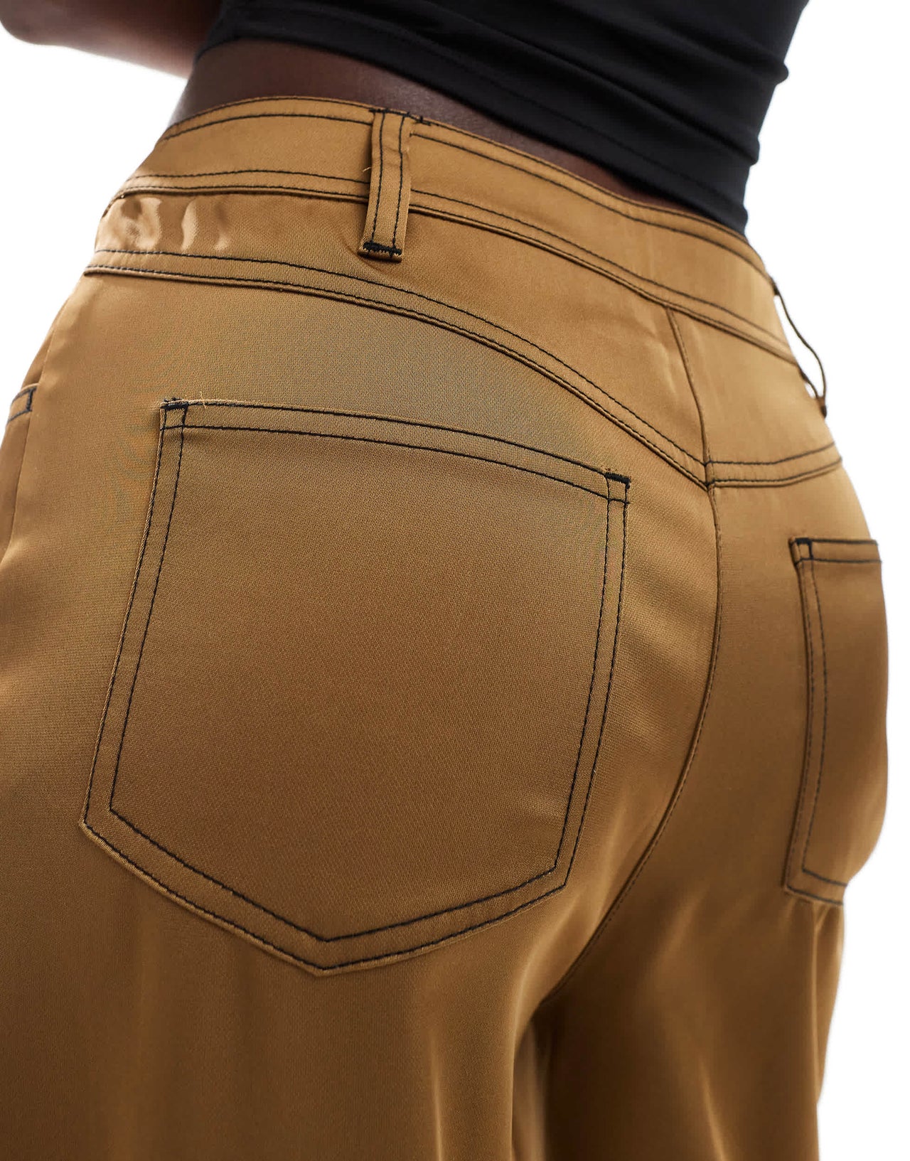 ASOS DESIGN wide leg satin trousers with contrast stitching in gold