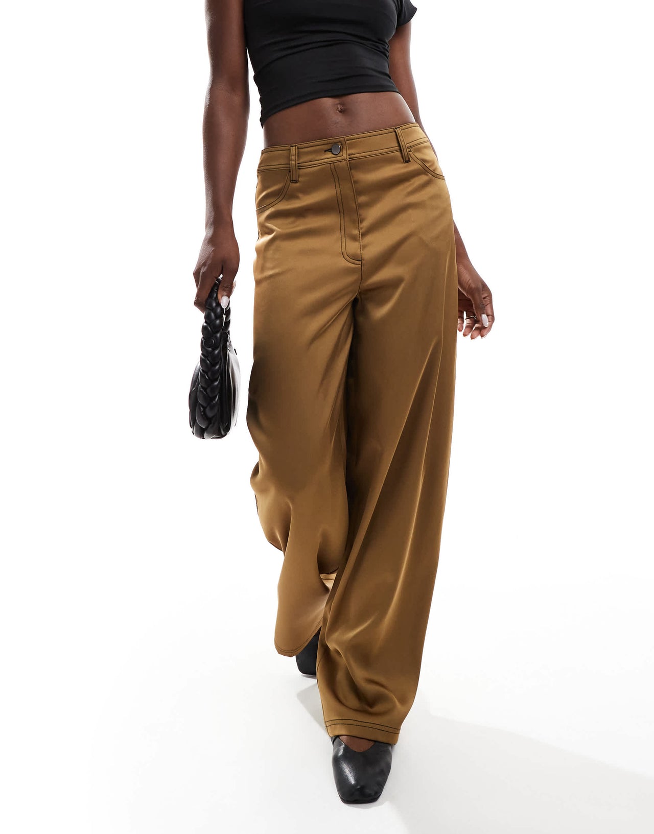 ASOS DESIGN wide leg satin trousers with contrast stitching in gold