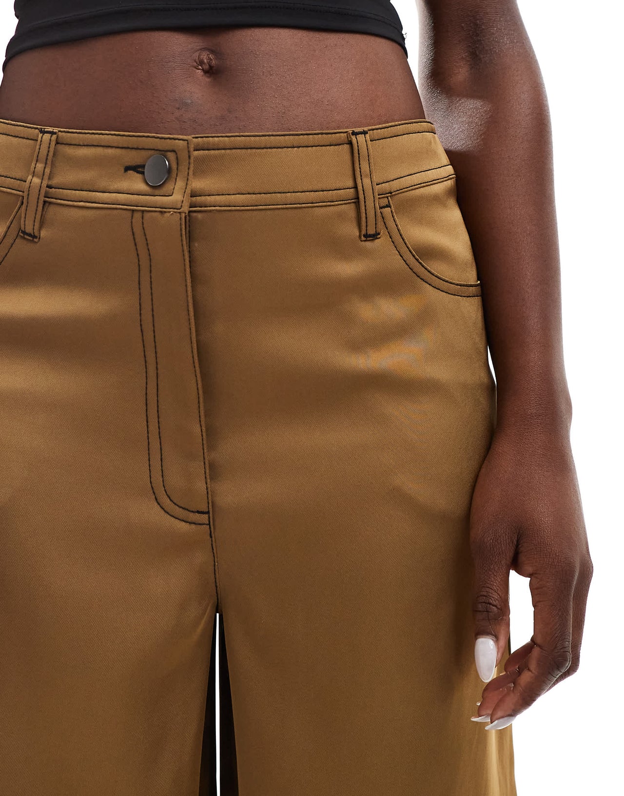 ASOS DESIGN wide leg satin trousers with contrast stitching in gold