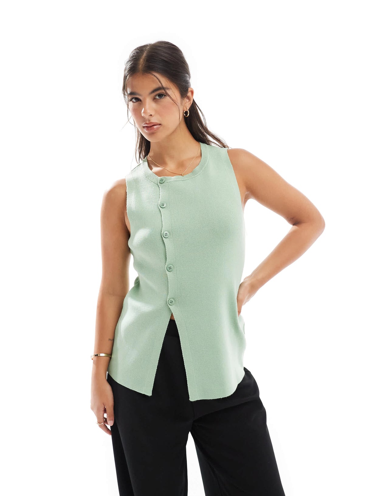 ASOS DESIGN knitted structured asymmetric button front waistcoat with split in green