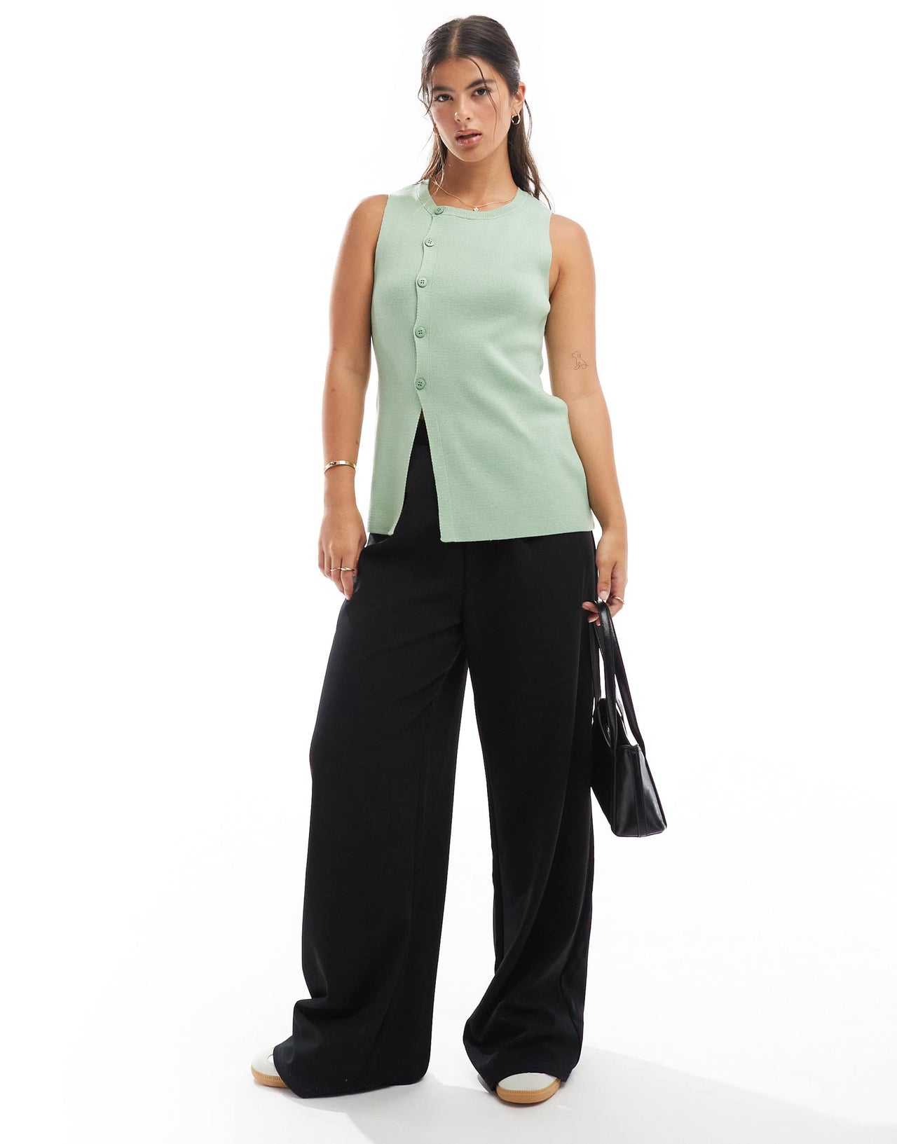 ASOS DESIGN knitted structured asymmetric button front waistcoat with split in green
