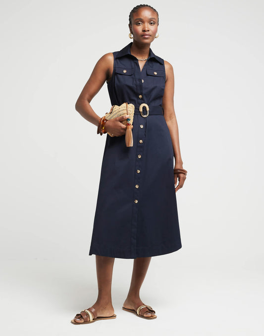 River Island Belted sleeveless midi shirt dress in navy