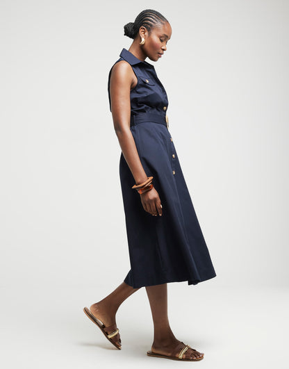 River Island Belted sleeveless midi shirt dress in navy