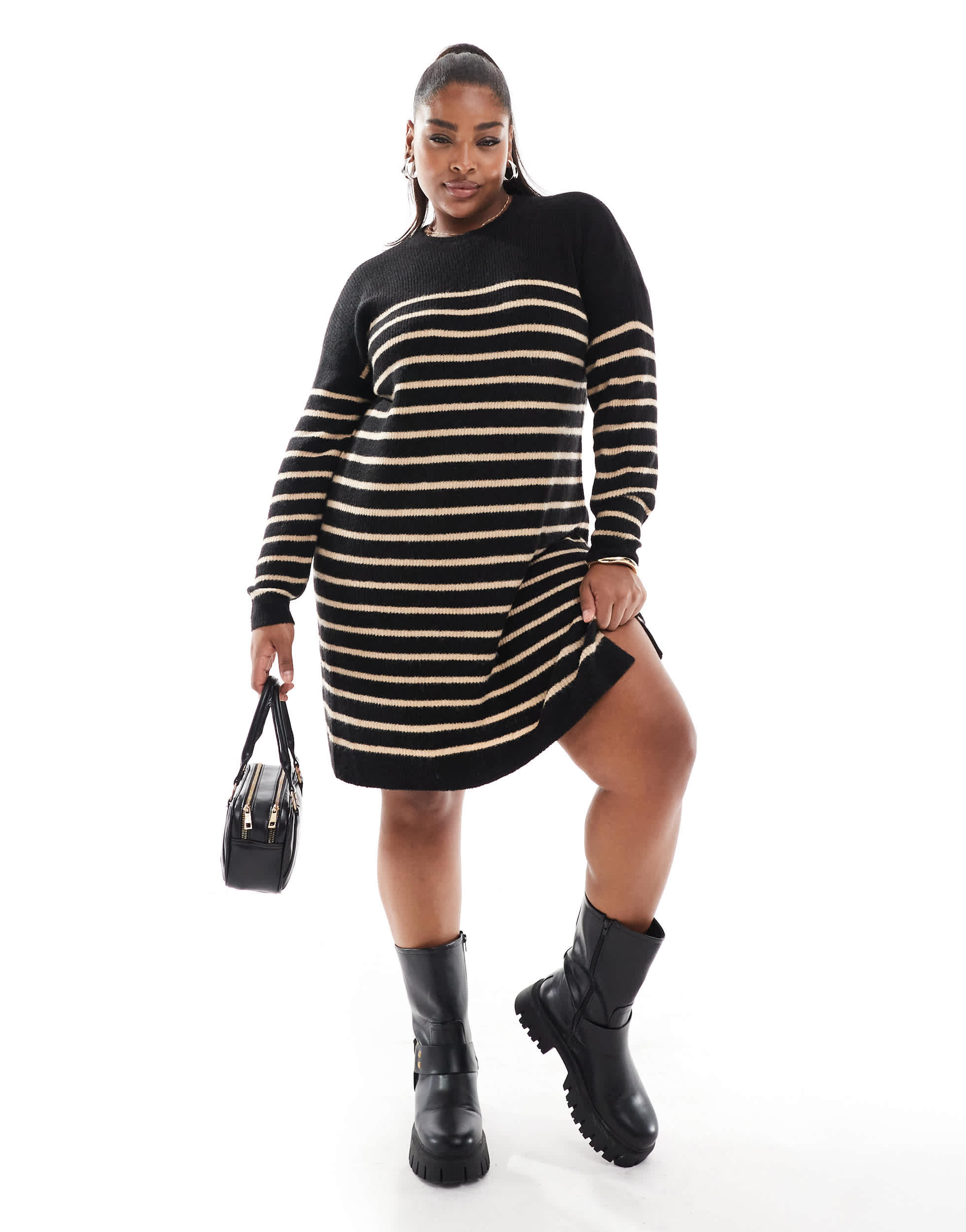 Yours stripe mini jumper dress in black and neutral