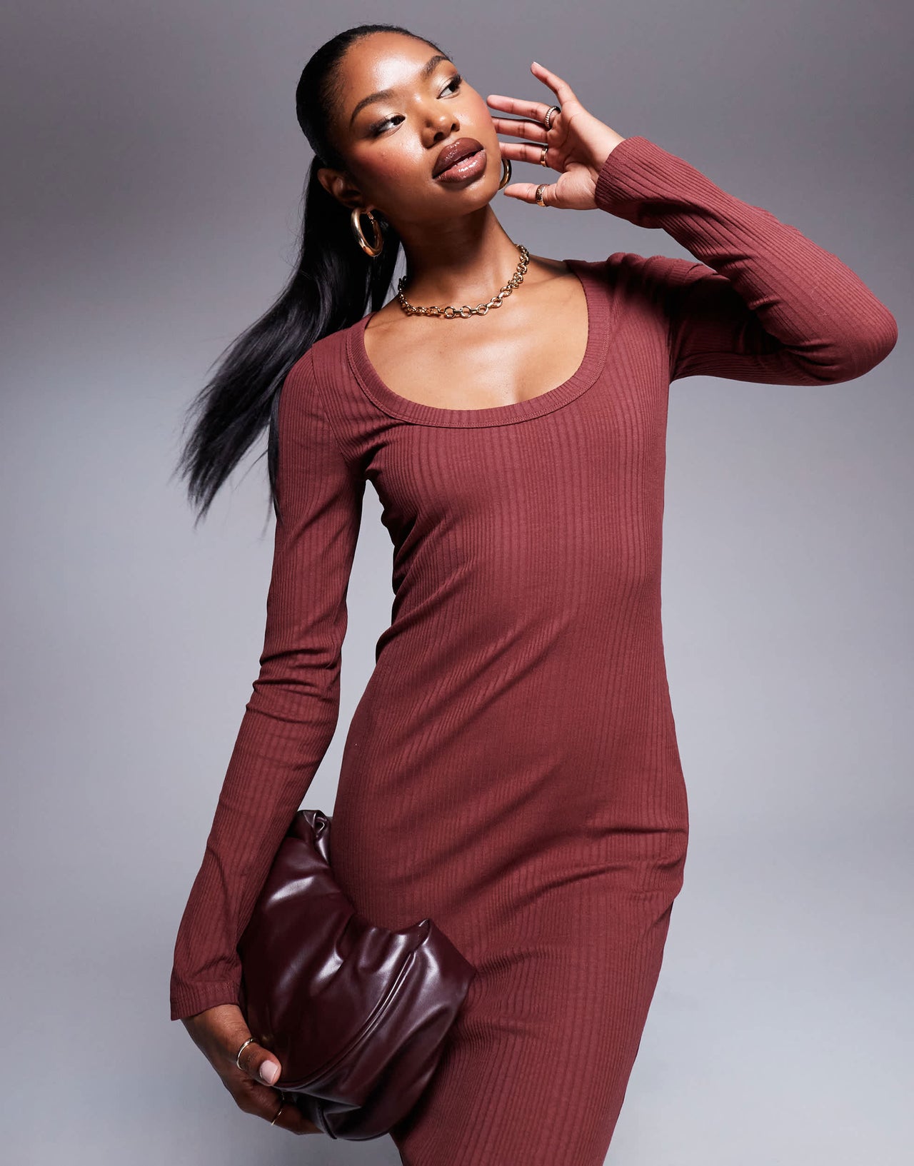 ASOS DESIGN spaced ribbed long sleeve scoop midi dress in burgundy